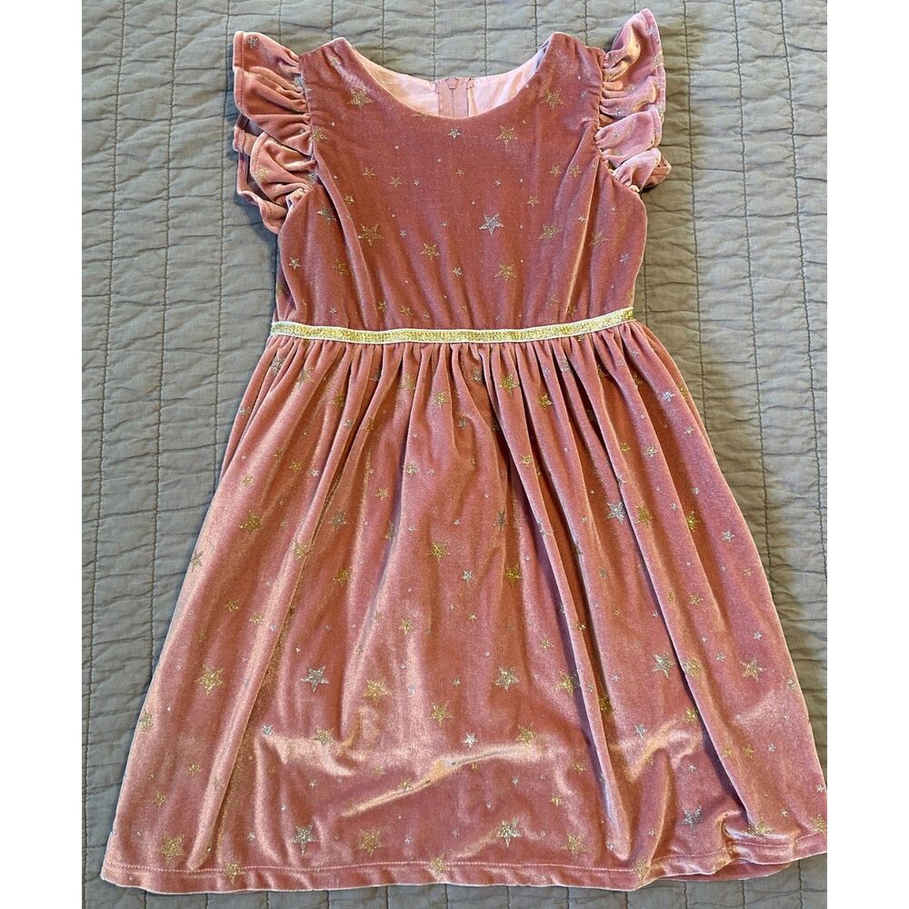 Popatu Girl's Pink Velvet Dress Ruffle Sleeve Gold Stars & Waist Ribbon Size 8